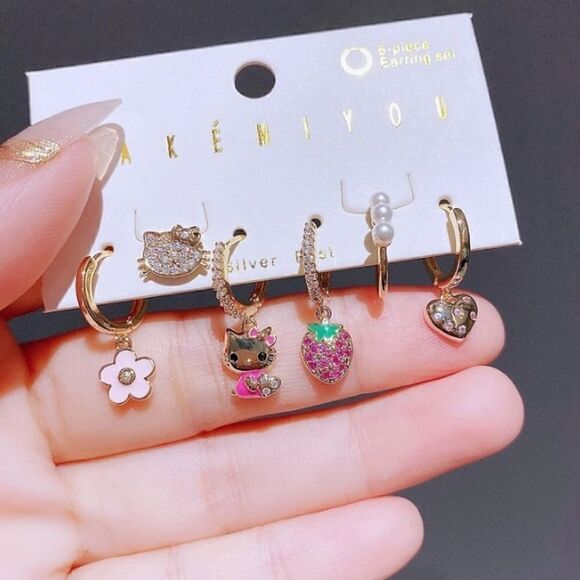 Hello Kitty Jewelry - 14K Gold Plated Sanrio Hello Kitty Huggie Hoop Dangle Mismatched Set Earrings